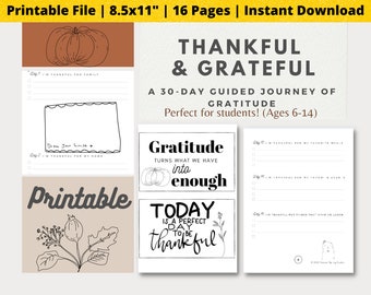 Gratitude Journal Printable | 30-day Thankful Journal for Kids | Thanksgiving Activity Homeschool | Instant Download | PDF |