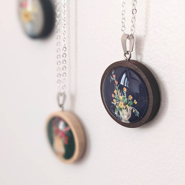 Watercolor Floral Cabochon Wooden Pendant Necklace | 26 inch | Emerald Green | Stocking Stuffer for women | Gift for Mom