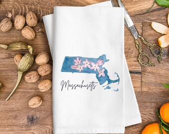 torchon à fleurs de l'État du Massachusetts | Serviette de 18 x 28 po. | Illustration aquarelle Mayflower | Torchon | Cadeau du Massachusetts | Cadeau de l'État de la baie