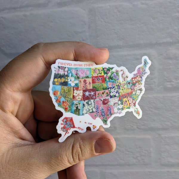 USA State flower Map vinyl sticker - 3x2.25" | watercolor map art | United States map illustration