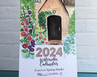 2024 Watercolor Calendar With Door Paintings with optional wooden stand | Cottage Core | Christmas Gift for Women | Holiday Gift For Her