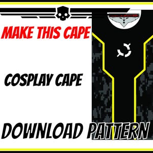 Pode incluir: Uma ilustração digital de uma capa preta e amarela com um design de caveira e asas. O texto "MAKE THIS CAPE COSPLAY CAPE DOWNLOAD PATTERN" está escrito em letras pretas em negrito sobre um fundo branco.