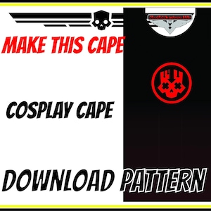 Pode incluir: Gráfico preto e branco com o texto "MAKE THIS CAPE COSPLAY CAPE DOWNLOAD PATTERN". O gráfico apresenta uma caveira e asas.