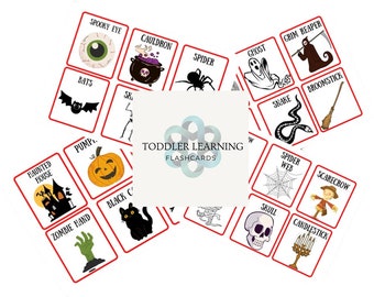 Puede incluir: Un conjunto de 16 tarjetas de memoria con temática de Halloween que presentan imágenes de una casa encantada, una calabaza, una mano de zombi, un gato negro, un ojo espeluznante, un caldero, una araña, un fantasma, un segador, una serpiente, una escoba, una telaraña, un espantapájaros, una calavera, un candelabro y murciélagos. Las tarjetas de memoria están impresas en cartulina blanca con bordes rojos y están etiquetadas con el nombre de cada artículo.