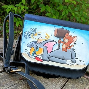 Eco-leather shoulder bag hand PAINTED TOM & JERRY cat and mouse Warner Cartoon Bros