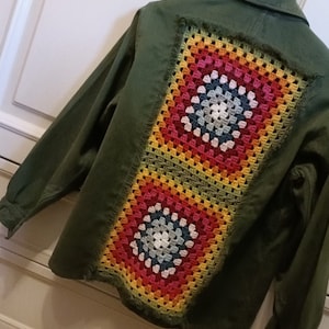 Khaki Jeans Jacket with Fringes crocheted in Cotton Estate Mare Granny