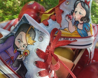 Chaussures en toile peintes à la main All Star Converse Custom SNOW WHITE et disney settenani