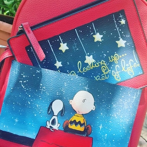 Zaino eco-pelle DIPINTA a mano AirForce 1 SNOOPY E Charlie Brown cartoon Peanuts Schulz
