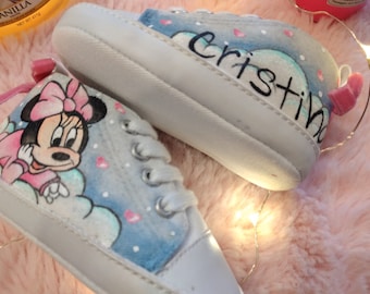 NEWBORN shoes slipper canvas hand PAINTED aviator MINNIE disney Mickey Mouse