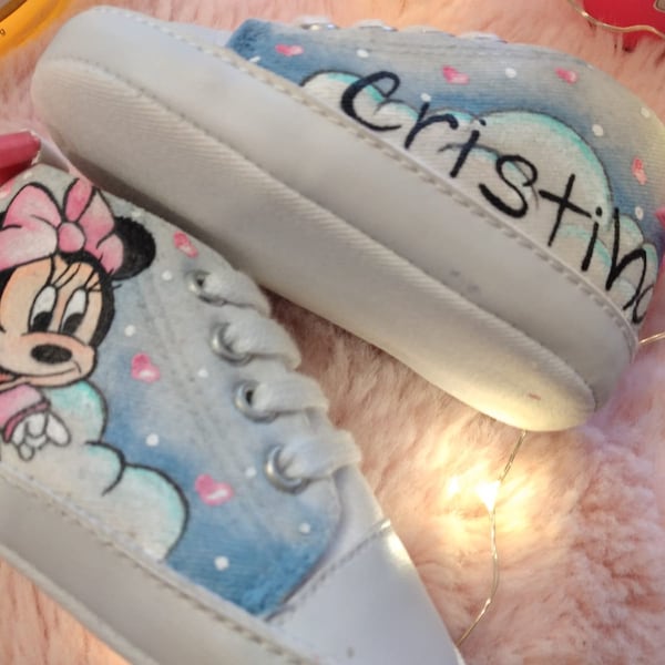 Chaussures NOUVEAU-NÉ pantoufle toile peinte à la main aviateur MINNIE disney Mickey Mouse