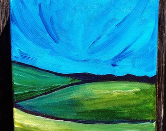 Green Hills Blue Sky | Minimalist Impressionist Landscape | Small Original Acrylic | Spring and Summer