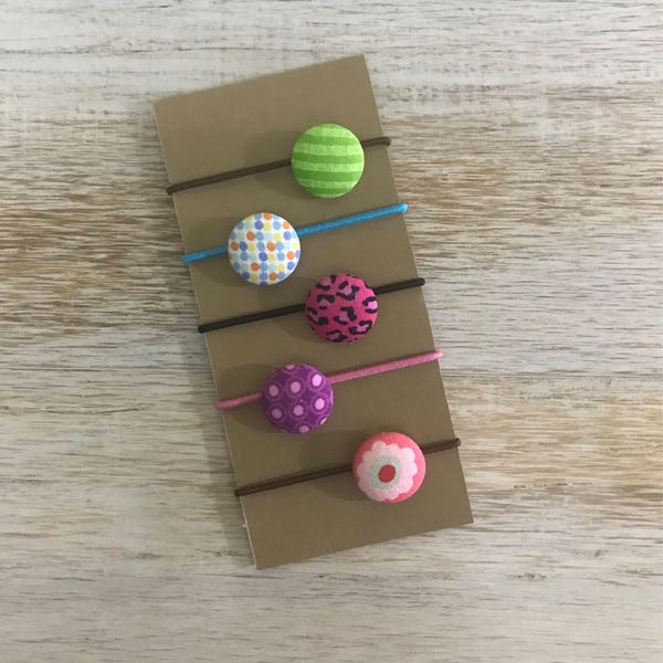 Button Hair Ties - Set of 5 - Girls hair ties - Hair accessories - Fabric covered hair ties - Handmade - Pony tail holder