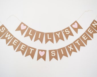 Sweet Sixteen Banner Happy Birthday 16 Bunting, Girls Party Decoration 16th Personalised Name Bunting, Custom Banner, Pink Hearts