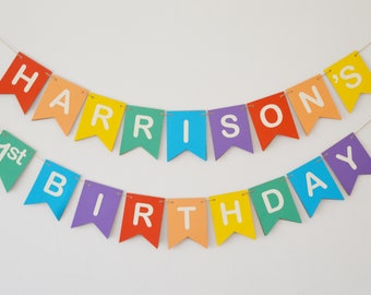 Rainbow Birthday Bunting, Bright Colour Party Decorations, Happy Birthday Banner, Personalised First Birthday, All Ages Available
