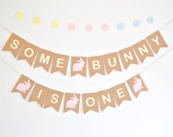 Some Bunny is One, 1st Birthday Bunting, Banner, Rabbit Easter Birthday Decoration Sign, Girls Party, All Ages