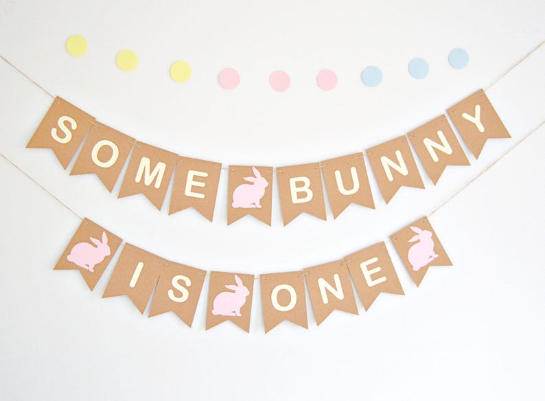 May include: A banner with the text "SOME BUNNY IS ONE" in cream-colored letters on brown pennants. Pink bunny silhouettes are featured. Pastel-colored circles are above the banner, creating a festive, celebratory atmosphere.