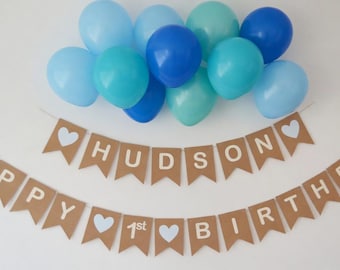 Personalized 1st Birthday Banner, Kraft Card Bunting, Blue Hearts