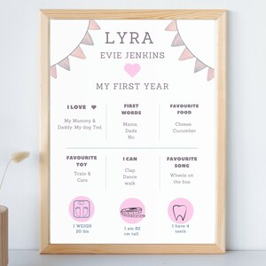 My First Year Personalised Print, 1st Birthday Sign Keepsake, Girls Party Decoration, A4 Milestone Poster, Nursery Decor