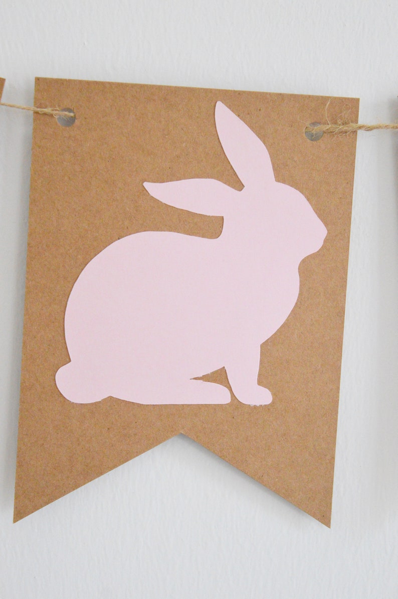 May include: A brown paper banner with a light pink bunny silhouette. The banner is suspended by a natural twine string. The bunny is in a seated position, with its ears upright. This banner is perfect for Easter or spring decor.