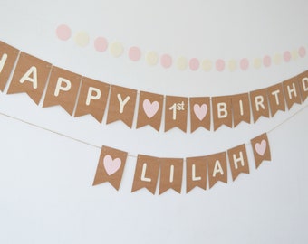 Personalised Happy 1st Birthday Party Decoration, Bunting, Girls Pink First Banner, Custom Sign, Pink Heart Banner, Boys Sign Eco-friendly