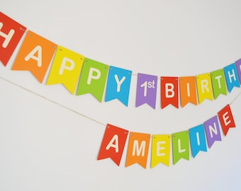 Rainbow Birthday Bunting, Children's 1st Party Banner, Girls Boys Decoration All Ages Available