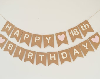Decoración para el 18º cumpleaños, guirnalda "Feliz 18", pancarta de corazón rosa, fiesta de 30º, 40º, 50º y 60º cumpleaños.