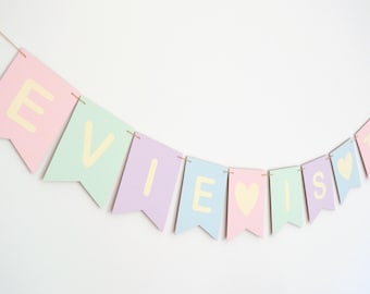 Pastel Rainbow Birthday Bunting, Personalised Name Age 1st, 2nd, 3rd Party Decoration Banner, Girls