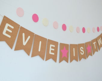 Decoración para fiesta de 2.º cumpleaños, banderines para 1.º, 3.º y 4.º cumpleaños, pancarta de estrellas rosas, letrero personalizado para niñas y niños, ecológico.