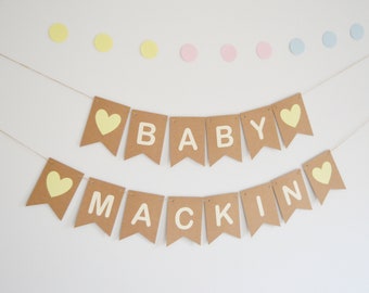 Custom baby shower bunting Personalised bay shower banner Personalized  New baby Baby boy Baby girl Baby shower decorations Yellow Heart