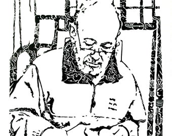 May include: Black and white line art illustration of a person sitting at a table. The person's face is visible and they are wearing a jacket. The background is filled with abstract patterns.