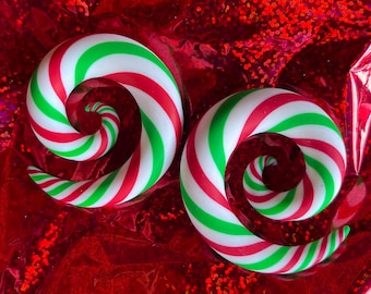 Christmas Gauges - Red, White, Green Spirals Handmade From Polymer Clay - Fake, 4g, 2g, 0g, 00g, 7/16", 1/2", 9/16", 5/8", 11/16", 3/4"