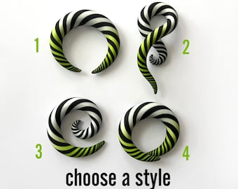 Spooky Black and White Striped Halloween Gauges - Fake, 2g, 0g, 00g, 7/16", 1/2", 9/16", 5/8" - Handmade From Polymer Clay