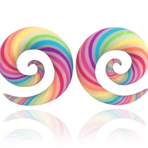 Tropical Ear Candy Spiral Rainbow Gauges Handmade From Polymer Clay - Fake, 4g, 2g, 0g, 00g, 7/16", 1/2", 9/16", 5/8", 11/16",  3/4"