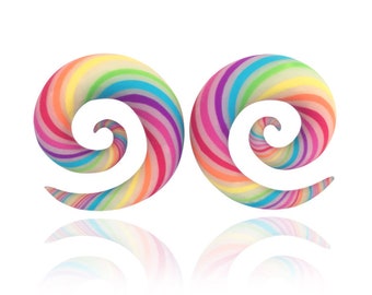 Tropical Ear Candy Spiral Rainbow Gauges Handmade From Polymer Clay - Fake, 4g, 2g, 0g, 00g, 7/16", 1/2", 9/16", 5/8", 11/16",  3/4"
