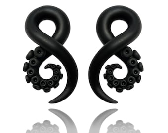 Black Octopus Tentacle Earrings For Stretched Lobes - Fake, 2g, 0g, 00g, 7/16", 1/2", 9/16", 5/8" - Gauges - Gauged