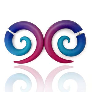 Fake Spiral Gauges - Pink, Blue, Purple, Turquoise Colorful Ombre Transition Earrings - Handmade Fakers From Polymer Clay