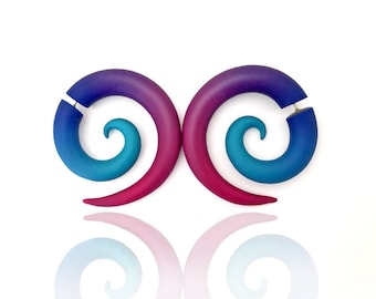 Fake Spiral Gauges - Pink, Blue, Purple, Turquoise Colorful Ombre Transition Earrings - Handmade Fakers From Polymer Clay