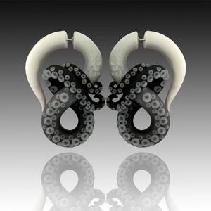 Fake Gauge Black and White Ombré Kraken Octopus Tentacle Earrings  - Octopus Gauges - Fake Plugs - Faux Gauges