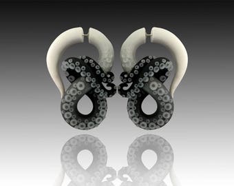 Fake Gauge Black and White Ombré Kraken Octopus Tentacle Earrings  - Octopus Gauges - Fake Plugs - Faux Gauges