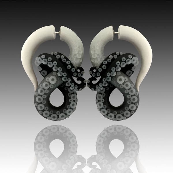 Fake Gauge Black and White Ombré Kraken Octopus Tentacle Earrings  - Octopus Gauges - Fake Plugs - Faux Gauges