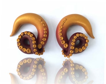 Small Kraken Octopus Tentacle Gauges - Fake, 2g, 0g, 00g, 7/16", 1/2", 9/16", 5/8", 11/16", 3/4" -  Handmade Polymer Clay Gauged Earrings