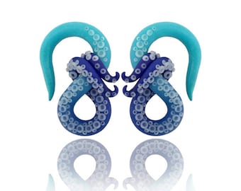 Deep Blue Sea Kraken Octopus Tentacle Gauges - Fake, 4g, 2g, 0g, 00g, 7/16", 1/2", 9/16", 5/8" - Octopus Earrings - Ocean Gauge - Water