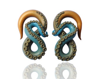 Kraken Octopus Tentacle Gauges - Earrings For Stretched Lobes - Fake, 2g, 0g, 00g, 7/16", 1/2", 9/16", 5/8" - Octopus Gauges - Gauge
