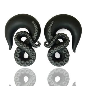 Black Kraken Octopus Tentacle Gauges - Fake Gauge, 4g, 2g, 0g, 00g, 7/16", 1/2", 9/16", 5/8" - Hanger Plug Handmade From Polymer Clay