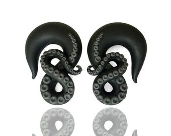 Black Kraken Octopus Tentacle Gauges - Fake Gauge, 4g, 2g, 0g, 00g, 7/16", 1/2", 9/16", 5/8" - Hanger Plug Handmade From Polymer Clay