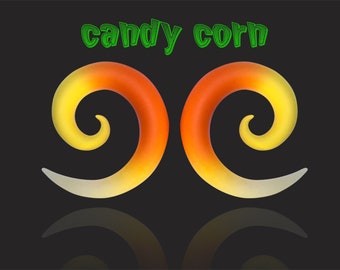 Halloween Candy Corn Gauges - Fake, 2g, 0g, 00g, 7/16", 1/2", 9/16", 5/8", 11/16", 3/4" - Gauged Earrings - Spiral Plugs
