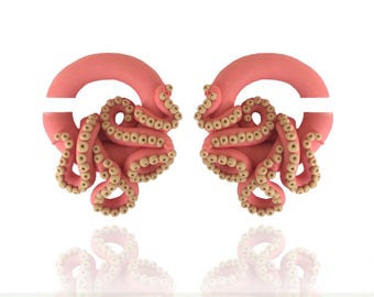 Coral Octopus Tentacle Kraken Gauges - Fake, 2g, 0g, 00g, 7/16", 1/2", 9/16", 5/8" - Octopus Earrings - Gauge