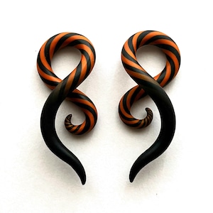 Halloween Gauges - Black and Orange Striped Plugs - Fake, 2g, 0g, 00g, 7/16", 1/2", 9/16", 5/8" - Handmade From Polymer Clay