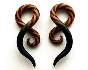 Halloween Gauges - Black and Orange Striped Plugs - Fake, 2g, 0g, 00g, 7/16", 1/2", 9/16", 5/8" - Handmade From Polymer Clay