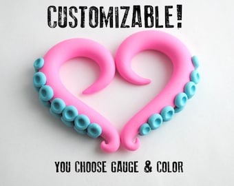 Octopus Tentacle Earrings For Stretched Lobes - Fake, 2g, 0g, 00g, 7/16", 1/2", 9/16", 5/8", 11/16", 3/4" - Gauges - Gauged